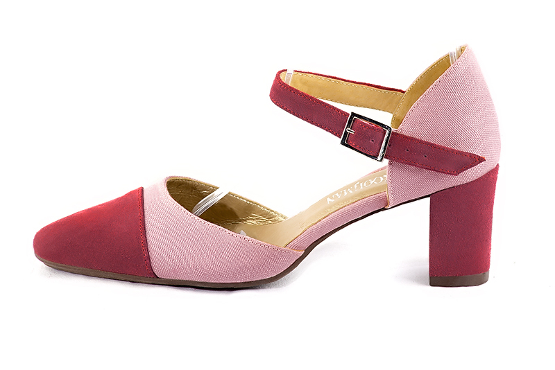 Raspberry red and dusty rose pink women's open side shoes, with an instep strap. Round toe. Medium block heels. Profile view - Florence KOOIJMAN